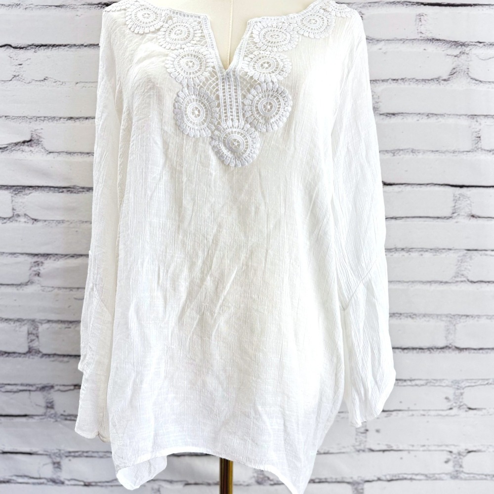 Zac & Rachel Woman White Crochet Lace Peasant Tunic Boho Bell Sleeve 1X Top